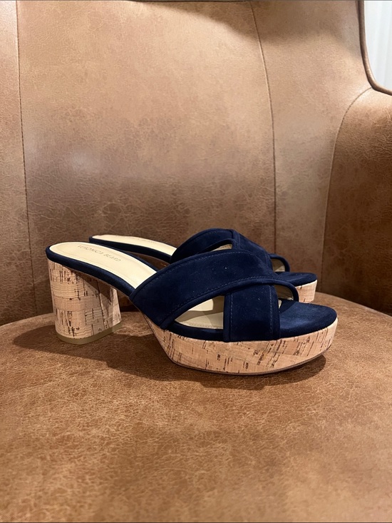 Veronica Beard Shoes - Veronica Beard Navy Suede Cork Block Heel Slides